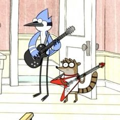 a cartoon character playing an electric guitar with a raccoon on the floor next to him