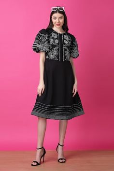 Black A-line dress with floral thread embroidery. - Aza Fashions Elegant Dress With Tonal Embroidery For Festive Occasions, Elegant Festive Dress With Tonal Embroidery, Elegant Dresses With Resham Embroidery And Short Sleeves, Festive A-line Dress With Floral Embroidery, Black Dress With Resham Embroidery For Summer, Black Summer Dress With Resham Embroidery, Black Fitted Cotton Embroidered Dress, Black Cotton Embroidered Dress, Black Floral Embroidery Midi Dress