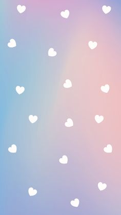 many white hearts on a blue, pink and purple background with clouds in the sky