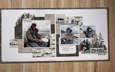 an open scrapbook with pictures of people in the woods and trees, on top of a wooden table