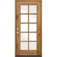 a wooden door with glass panels on the side