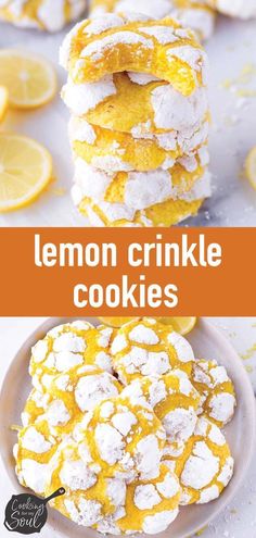 lemon crinkle cookies stacked on top of each other