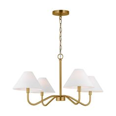 a brass chandelier with three white lamps hanging from the bottom and one light on top