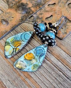 Enamel Charms-Glass Lampwork Artisan Earrings-Artisan Enamel Charm Earrings-Geometric Earrings-Sterling Silver Earrings-Summer-Boho Earrings Glass Lampwork, Lake Havasu City, Lake Havasu, Earrings Summer, Tarnished Silver, Nickel Free Earrings, Artisan Earrings, Earrings Geometric, Summer Boho