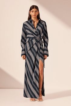 HARLOW DRAPED SHIRT MAXI DRESS | DARK NAVY/IVORY | DRESSES | SHONA JOY Draped Shirt, Maxi Dress Dark, Shirt Maxi Dress, Shona Joy, Maxi Shirt Dress, Ivory Dresses, Box Pleats, Shirt Collar, Dark Navy