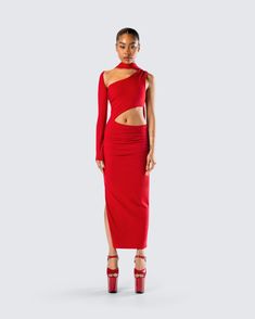 CAUTION: hawt!! 🔥 Set their hearts ablaze in this red midi dress made from stretch jersey fabric, and complete with a one sleeve design, an asymmetrical hemline, cutouts, and a sleek bodycon fit ❤️ Chic Red Elastane Midi Dress, Fitted Asymmetrical Midi Dress With Cutout, Red Midi-length Elastane Dress, Red Midi Length Elastane Dress, Fitted One-shoulder Midi Dress With Cutout, Asymmetrical Bodycon Cutout Dress, Asymmetrical Neckline Midi Dress With Cutout For Date Night, Asymmetrical Cutout Midi Dress For Night Out, Red Midi Dress With Side Slits For Party