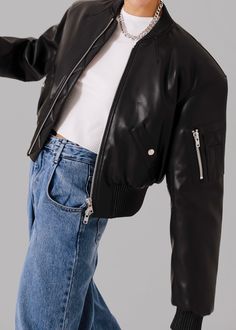 Sille Faux-Leather Cropped Bomber - Black The Frankie Shop, Frankie Shop, Paris Woman, Faux Leather Fabric, Oversized Silhouette, Leather Diy, Tailored Jacket, Black Blazers, Swimwear Accessories