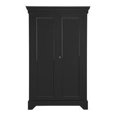 a black armoire with two doors and drawers