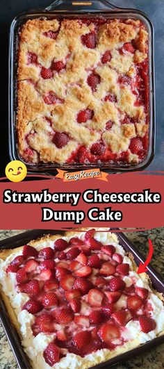 strawberry cheesecake dump cake is in the pan