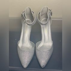 Got For Wedding And Then Wedding Canceled. I Don’t Have The Box But Have Never Been Worn Formal Sparkling Wedding Shoes With Ankle Strap, Sparkling Ankle Strap Wedding Shoes, Sparkling Wedding Shoes With Ankle Strap, Glitter Accented Round Toe Heels For Wedding, Formal Glitter Wedding Shoes With Ankle Strap, Silver Glitter Heels For Wedding, Silver Glitter Wedding Shoes For Party, Elegant Glitter Wedding Shoes, Glitter Low Heel Wedding Shoes For Evening