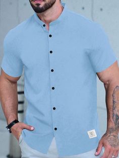 Plus Size Men's Solid Color Simple Daily Short Sleeve Shirt Baby Blue Casual  Short Sleeve Woven Fabric Letter,Plain Shirt Slight Stretch  Men Plus Size Clothing, size features are:Bust: ,Length: ,Sleeve Length: Blue T-shirt With Button Closure And Crew Neck, Blue Crew Neck Shirt With Button Closure, Plus Size Elegant Dresses, Fabric Letters, Men Plus Size, Plain Shirts, Plus Size Shirts, Neck Shirt, Plus Size Clothing