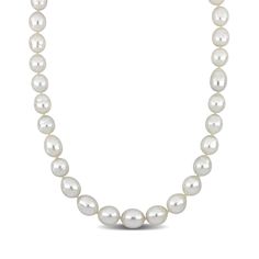 Drape your necklace in timeless elegance with this beautiful South Sea cultured pearl strand necklace. Expertly crafted, this look showcases luminous 9.0-11.0mm South Sea cultured pearls glistening along a knotted thread. Makes a sophisticated fashion statement This 18.0-inch necklace secures with a 14K gold ball clasp. Formal Pear-shaped Single Strand Necklace, Oval Pearl Necklaces For Formal Occasions, Classic Akoya Pearl Pear-shaped Necklace, Classic Oval Pearl Necklace, Classic Pearl Drop Pear-shaped Necklace, Classic Oval Single Strand Necklace, Classic Pear-shaped Pearl Necklace With Charm, Classic Pear-shaped Pearl Necklace, Classic White Oval Necklaces