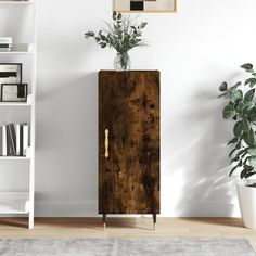 a tall wooden cabinet sitting next to a plant on top of a hard wood floor