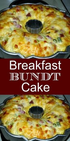 two pans with different types of food in them and the words bundt cake breakfast