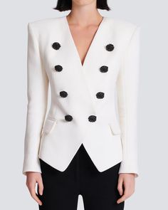 Balmain Blanc Crepe Collarless Double Breasted Jacket Collarless V neck Long sleeves; button cuffs Double breasted detail Black statement buttons Hip flap pockets Tailored fit Lined 100% virgin wool Anniversary Outfit, Collarless Blazer, Evening Jumpsuit, First Anniversary, Woman Silhouette, Double Breasted Jacket, Casual Blazer, Suits Coats, Jackets Online