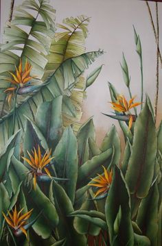 a painting of tropical plants with yellow flowers