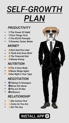 a man in a suit and tie with the words self - growth plan on it