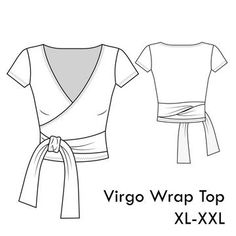 the virgo wrap top sewing pattern is shown in black and white, with an attached belt