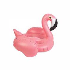 an inflatable flamingo pool float with a black and white head on it