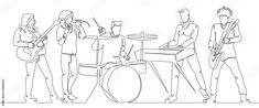 a line drawing of people playing instruments and singing in front of a table with a guitar