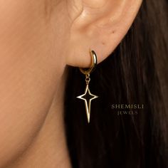 Open 4 Point Star Hoop Earrings, Star Drop Huggies, Gold, Silver SHEMISLI - SH474 4 Point Star, Star Hoop Earrings, Save Trees, Earrings Star, Gift For Birthday, Dainty Earrings, Birthday Anniversary, Solid 925 Sterling Silver, Rhodium Plated