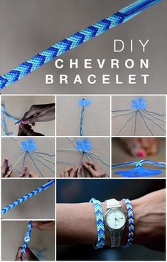 the instructions for making a chevron bracelet with blue and white braiding on it