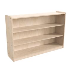 an empty wooden bookcase on a white background