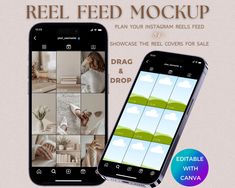 an image of a cell phone with the text reel feed mockup on it and below