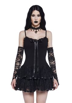 Widow Lace Trim Pleated Skirt - Black – Dolls Kill Black Gothic Corset Dress With Lace Trim, Black Gothic Mini Dress With Lace Trim, Fitted Fairy Grunge Mini Skirt, Gothic Lace Trim Corset For Night Out, Fitted Mini Skirt In Fairy Grunge Style, Gothic Corset Dress With Lace Trim, Gothic Ruffled Mini Skirt For Halloween, Black Gothic Mini Skirt With Ruffles, Gothic Lace Mini Corset Dress