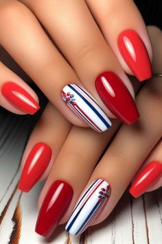 Celebrate Independence Day with the hottest 4th of July summer nail trends for 2024! From bold patriotic patterns to chic and subtle designs, these nail art ideas are perfect for making a statement. Whether you prefer classic red, white, and blue or a modern twist, find the perfect look to complement your summer style and festive spirit. Elegant Red White And Blue Nails, 4th Of July Nail Art Designs, July Gel Nails Ideas, July Nails 2024, Red Blue Nails, Blue And Red Nails, Red And Blue Nails, Red Nails Summer, 4th Of July Nail Ideas