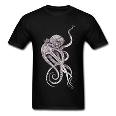 Retro Black Steampunk T-shirt Octopus Print ( 16 colors ) - https://lordsteampunk.com  Price: 21.00  FREE Shipping  #steampunk #steampunklove #cyberpunkmasks #steampunkrings #steampunkcorsets #steampunkwatches #steampunkfashion #steampunkaccessories Black T Shirt Men, Mode Steampunk, Drummer Gifts, Octopus Print, Trendy Crop Tops, Clothing Men