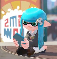 a cartoon character is sitting on the ground with a tablet in her hand and looking at it