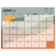 a calendar with mountains and sun in the background