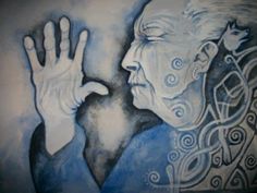 a drawing of an older man holding his hand up to the sky with one hand