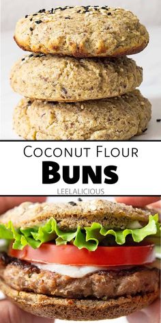 two photos with the words coconut flour buns and an image of a hamburger sandwich