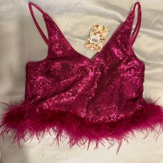 Hot Pink Sequin Cropped Tank With Feather Trim, Size Medium, New With Tags, Blue B Collection Sleeveless Crop Top For Fall Party, Glamorous Purple Summer Top, Kate Spade Pajamas, Belly Support Pregnancy, Long Tank Tops, Mesh Tank Top, Active Tank Tops, Feather Trim, Long Tank