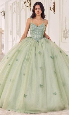 Ladivine 15718 - Butterfly Applique Ballgown Sage Ball Gown, Green Ball Gown Princesses, Butterfly Quince Dress, Sage Green Quinceanera Dresses, Quinceanera Inspiration, Green Quince Dress, Sage Green Prom Dress, Quinceanera Dresses Green, Elegant Entrance