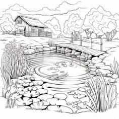 a drawing of a pond and bridge