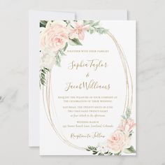 an elegant wedding card with pink roses and greenery