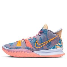 If you're looking for a sneaker that expresses your personality, the Nike Kyrie 7 Preheat 'Expressions' is the perfect shoe for you. The multicolor design on the upper resembles brushstrokes, while the tongue is finished in a neutral tan hue that mimics a black canvas. On the heel overlay, a Basquiat-like crown sits atop 'HF' embroidery, short for 'Happy Family.' The Kyrie 7 Preheat 'Expressions' is not only stylish but also comfortable, thanks to its open mesh upper and Nike Zoom Turbo cushioning. Zapatillas Nike Basketball, Cheap Volleyball Shoes, Bball Shoes, Irving Shoes, Hoop Shoes, Nike Volleyball Shoes, Volleyball Sneakers, Best Volleyball Shoes, Kyrie 7