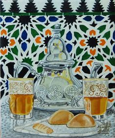 a painting of bread and two glasses on a table with an ornate tile wall in the background