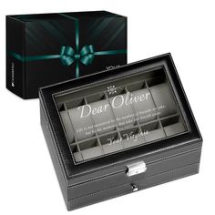 PRICES MAY VARY. 🎁STYLISH BOX: We want to introduce you to our high-quality watch box in which you can store your favorite jewelry and 12 watches. Accompanied with a heart-touching quote engraved on the glass lid, it will certainly be a nice alternative to typical gift ideas. Wood, eco-leather and velour make the case very solid and give it an exquisite look. A total must-have for every watch collector. 👨IDEAL FOR MEN: Are you looking for a practical and a classy gift for a man proud of his ex Classic Black Watch Accessories For Gift, Classic Black Watch Accessories As Gift, Rectangular Black Watch As A Gift, Black Rectangular Watch For Gift, Rectangular Black Watch As Gift, Black Rectangular Watch As Gift, Modern Watch Accessories For Gifts, Silver Watches For Father's Day Gift, Father's Day Gift Rectangular Watch Accessories