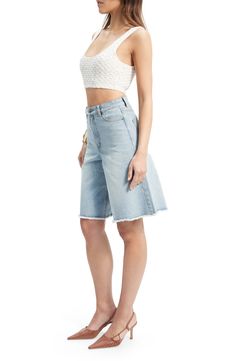 Refresh your denim with faded nonstretch shorts flaunting a fitted high waist and roomy legs that relax into frayed, knee-length hems. Zip fly with button closure Front scoop pockets; back patch pockets 100% cotton Machine wash, line dry Imported Light Wash Cotton Cutoff Cropped Jeans, Summer Faded Denim Flare Jeans, Mid-rise Light Wash Shorts With Frayed Hem, Summer Flare Jeans With Five Pockets In Medium Wash, Summer Wide Leg Jeans With Frayed Hem, Chic Faded Denim Bottoms, Summer Faded Cropped Jeans With Five Pockets, Spring Light Wash Jean Shorts With Frayed Hem, Light Wash Jean Shorts With Frayed Hem For Spring