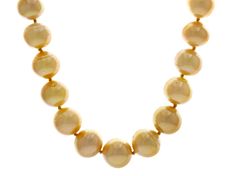 9-11mm golden cultured South Sea pearl 14k yellow gold over sterling silver 18 inch strand necklace. Measures approximately 7/16 of an inch in width and has a magnetic clasp. Colors, shapes, and sizes may vary. Formal Yellow Jewelry With Round Beads, Classic Yellow Round Bead Jewelry, Cream Single Strand Round Jewelry, Classic Gold Necklace With High Luster, Classic Gold Necklaces With High Luster, Yellow Gold Necklace With High Luster Round Beads, Yellow Gold High Luster Round Beads Necklace, Yellow Round Pearl Necklace As A Gift, Yellow Round Pearl Necklace Gift