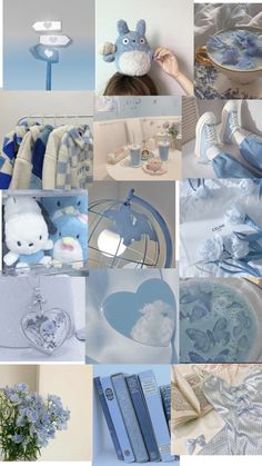 blue and white collage with teddy bears, baby items, flowers, books, blankets