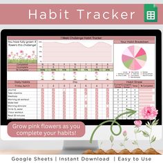 a computer screen with pink flowers on it and the text habit tracker below that reads, grow pink flowers as you complete your habitats