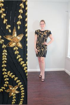 "Stunning 1980s fully beaded silk mini dress, with a floral print that looks like stars! I love the fun fringe on the sleeves. Plus, it's new old stock - you'll be the first to wear it out! FEATURES: * Label: TJ Wear * Circa: 1980s * Materials: 100% silk, glass beads, sequins, and faux pearl * Color: Black and gold * Pattern: Star flowers and vines * Length: Mini * Sleeves: Short with beaded fringe * Neckline: Crew * Closure: Zips up back * Style: Mini Dress * Lining: Fully lined * Shoulder pads Summer Fitted Mini Dress With Beaded Fringe, Summer Beaded Fringe Fitted Mini Dress, Fitted Mini Dress With Beaded Fringe For Summer, Vintage Mini Dress For Party Season Night Out, Vintage Mini Dress For Night Out During Party Season, Vintage Summer Dress With Beaded Fringe, Vintage Beaded Fringe Summer Dress, Fitted Vintage Dress With Beaded Fringe, Festive Fitted Dress With Beaded Fringe