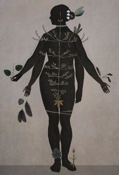 a drawing of a man with leaves on his body