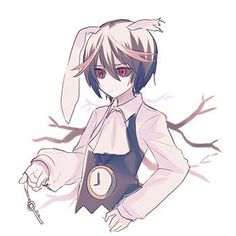 an anime character with red eyes holding a clock