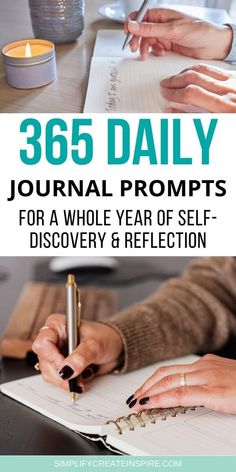 the cover of 365 daily journal with two hands writing on paper and holding a pen